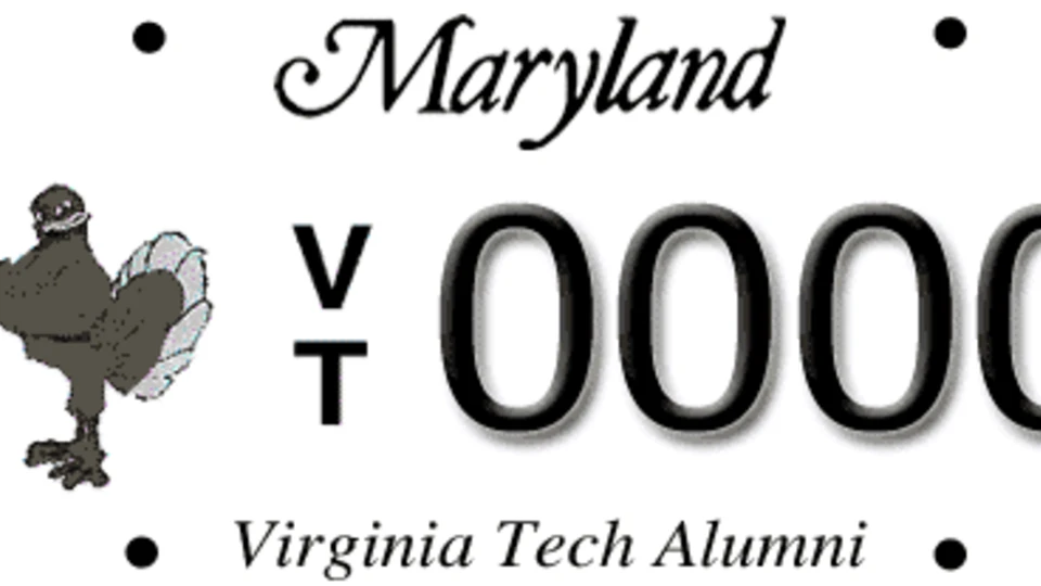 Maryland license plate featuring a Hokie bird mascot, a VT logo, the number 0000, and the text "Virginia Tech Alumni."