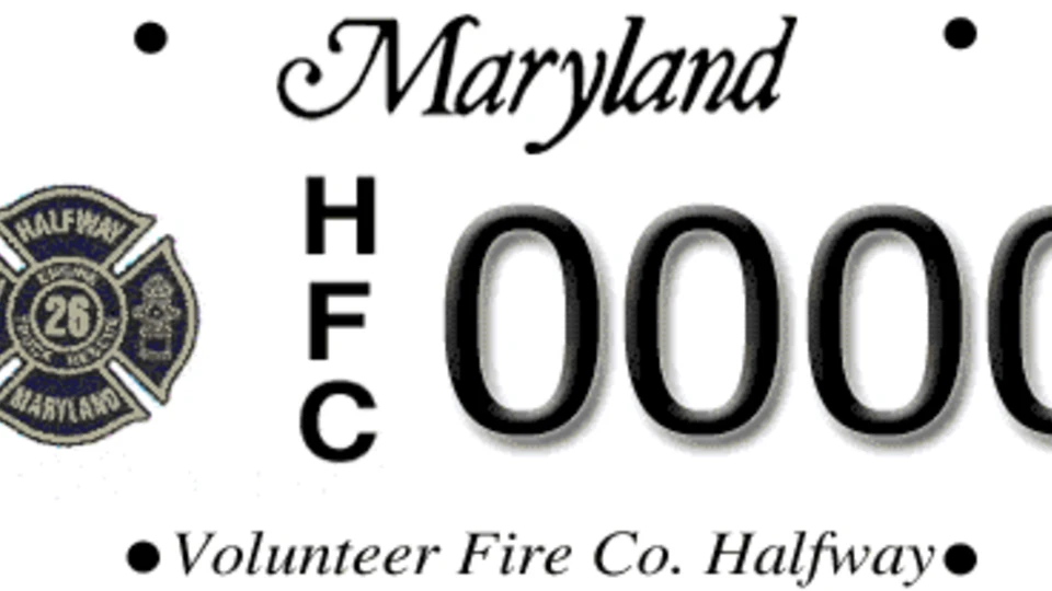 Maryland license plate for "Volunteer Fire Co. Halfway" featuring a fire department emblem, the letters HFC, and the number 0000.