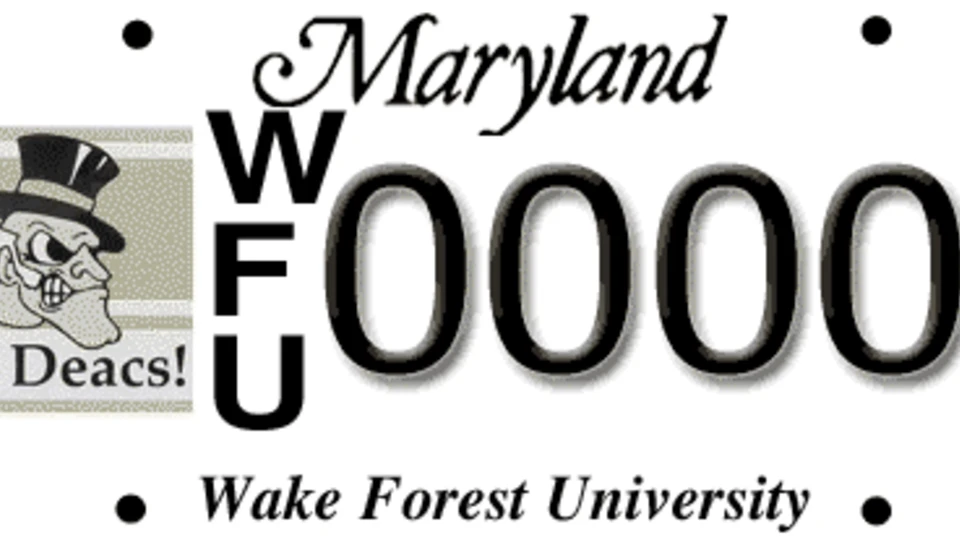A Maryland license plate for Wake Forest University featuring the Demon Deacon mascot, "Go Deacs!" text, and the letters WFU.