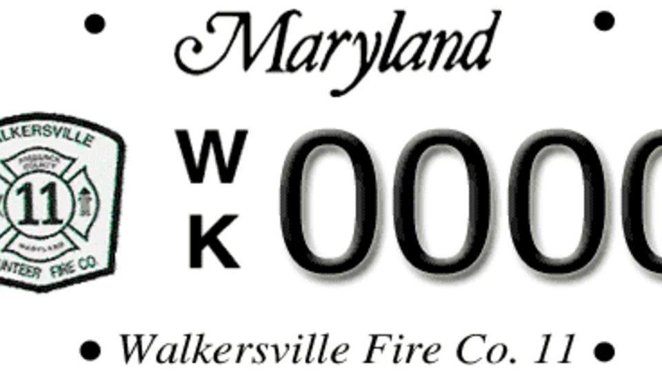 Maryland license plate for Walkersville Volunteer Fire Co. 11, featuring the fire department logo and the alphanumeric code WK 0000.