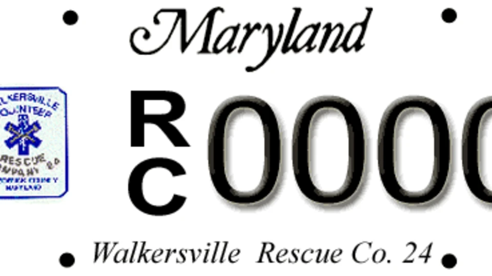 Maryland license plate featuring the Walkersville Volunteer Rescue Company 24 logo and the stacked letters "RC" followed by the number 0000.
