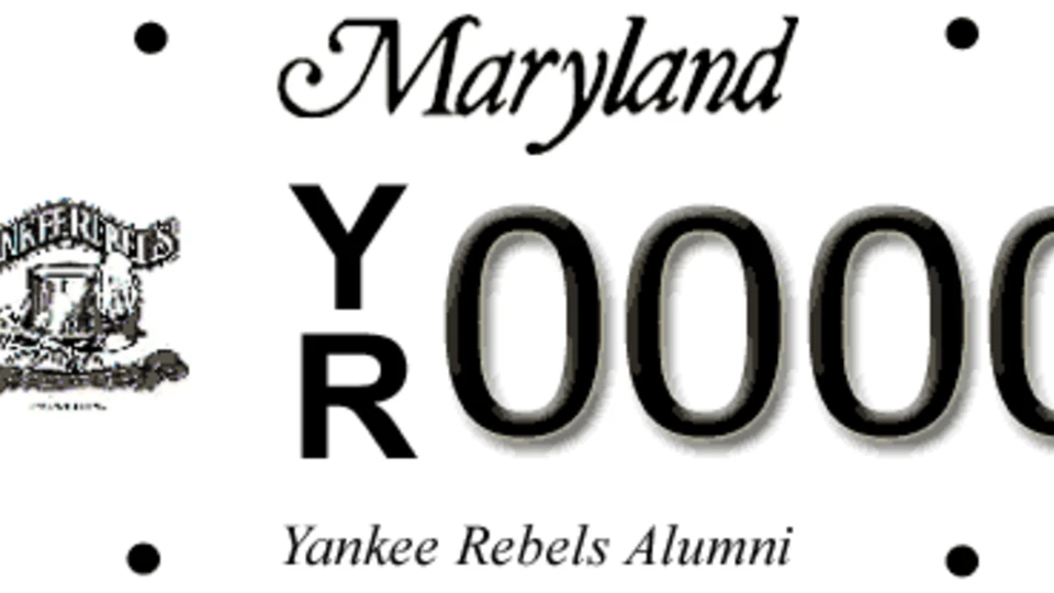 Maryland license plate featuring the "Yankee Rebels Alumni" logo on the left, the stacked letters "Y" and "R," and the numbers "0000."