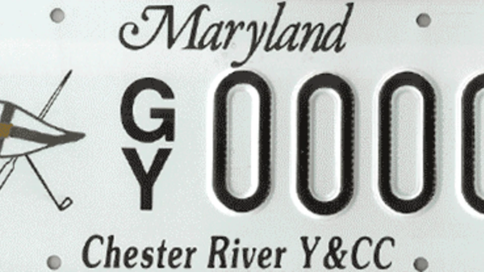 Maryland specialty license plate for the Chester River Yacht and Country Club. It shows a crossed pennant and golf clubs, with 'GY 0000' printed on it.