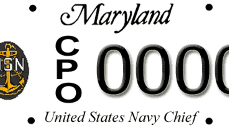 Maryland license plate graphic with "Maryland" at the top, a USN Chief Petty Officer anchor logo on the left, and "CPO 0000" in the center.