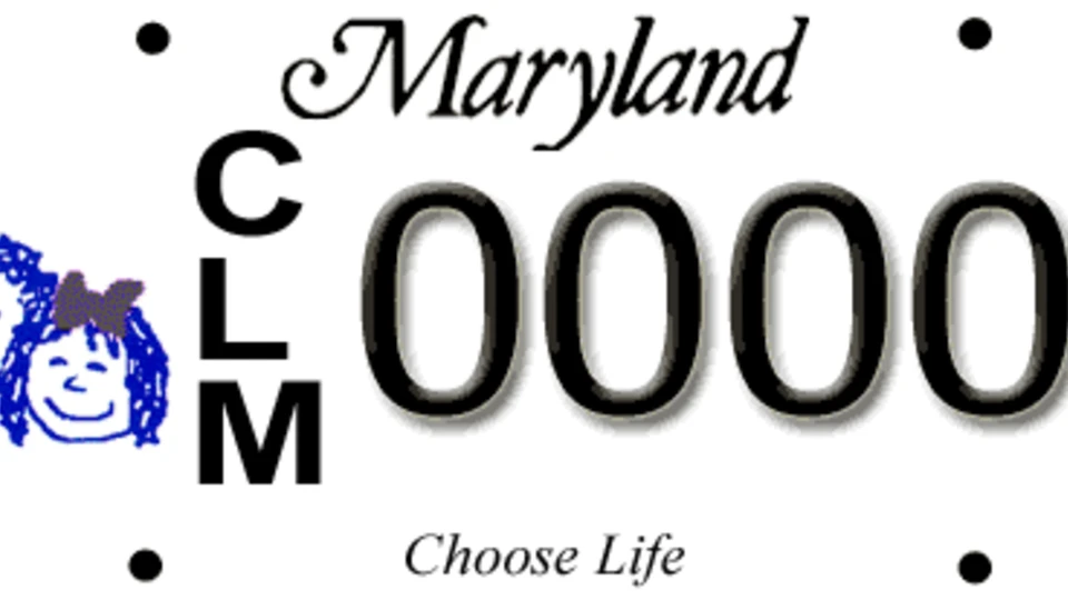 A white Maryland license plate design with the letters "CLM" and the numbers "0000" in black. The phrase "Choose Life" is written below, and two drawings of children's faces are on the left.