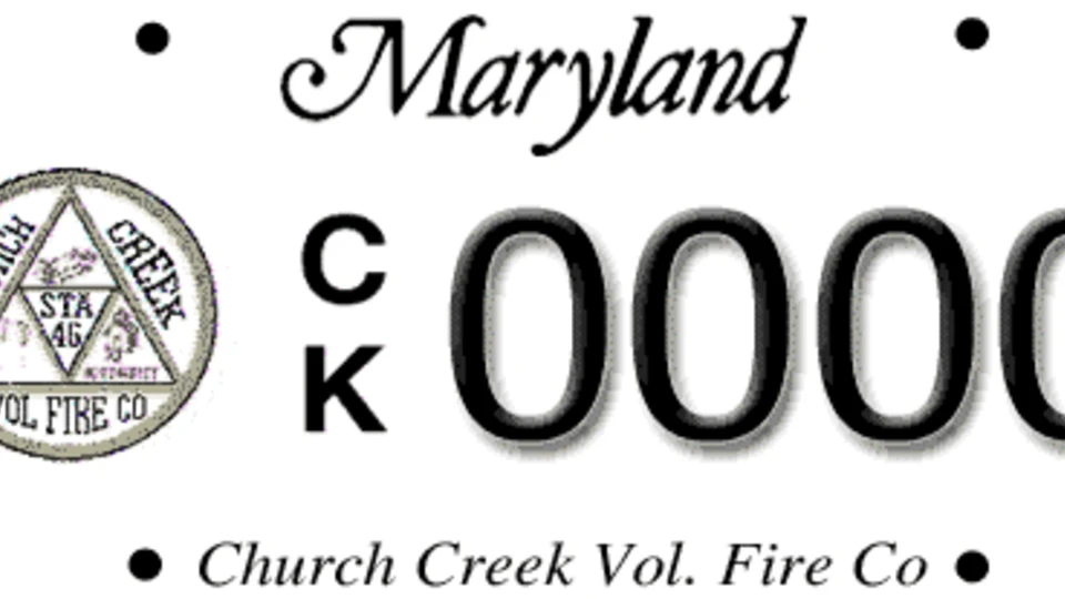 The image shows a graphic for the "Church Creek Vol. Fire Co." in Maryland. It features a circular logo with "STA 45" and the company name, along with the text "Maryland" and "CK 0000".