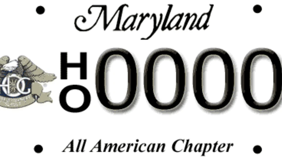 Maryland license plate with a HOG eagle logo, vertical text HO, number 0000, and "All American Chapter" at the bottom.