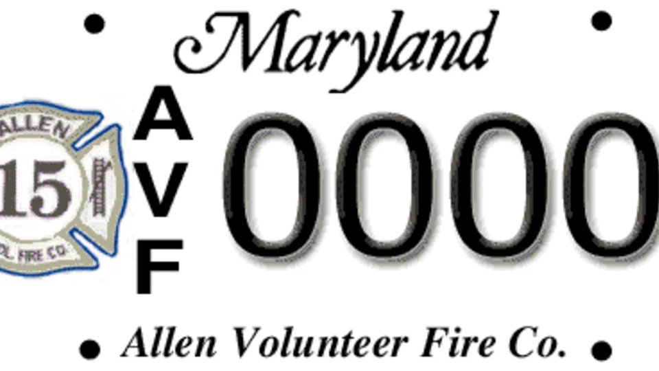 Maryland license plate with an Allen Vol. Fire Co. emblem showing the number 15, vertical text AVF, number 0000, and "Allen Volunteer Fire Co."