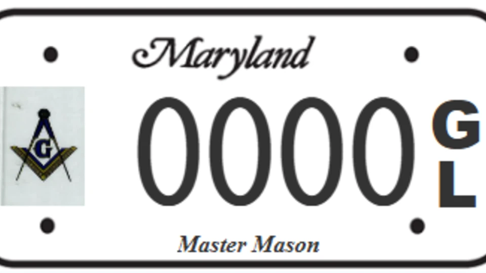 Maryland license plate with the square and compasses Freemason symbol, the letters G L, number 0000, and the text "Master Mason."
