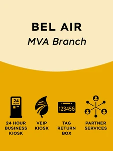 Gold and tan graphic with 'Bel Air MVA Branch' as the text at the top and several black icons at the bottom which represent '24 hour business kiosk', 'veip kiosk', 'tag return box' and 'partner services'..