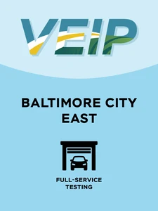 Baby Blue and light baby blue graphic with the word 'VEIP' at the top and the words 'Baltimore City East' in the middle and one black icon at the bottom which represents 'full-service testing'.