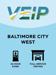 Baby Blue and light baby blue graphic with the word 'VEIP' at the top and the words 'Baltimore City West' in the middle and several black icons at the bottom which represent '24 hour kiosk', and 'full-service testing'.