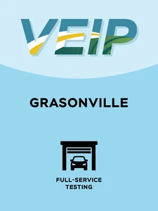 Baby Blue and light baby blue graphic with the word 'VEIP' at the top and the words 'Grasonville' in the middle and one black icon at the bottom which represents 'full-service testing'.
