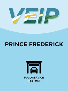 Baby Blue and light baby blue graphic with the word 'VEIP' at the top and the words 'Prince Frederick' in the middle and one black icon at the bottom which represents 'full-service testing'.