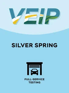 Baby Blue and light baby blue graphic with the word 'VEIP' at the top and the words 'Silver Spring' in the middle and one black icon at the bottom which represents 'full-service testing'.