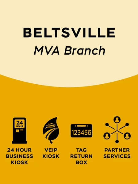 Gold and tan graphic with 'Beltsville MVA Branch' as the text at the top and several black icons at the bottom which represent '24 hour business kiosk', 'veip kiosk', 'tag return box' and 'partner services'..