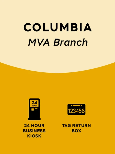 Gold and tan graphic with 'Columbia MVA Branch' as the text at the top and several black icons at the bottom which represent '24 hour business kiosk' and 'tag return box'