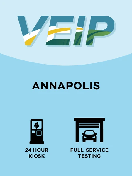 Baby Blue and light baby blue graphic with the word 'VEIP' at the top and the words 'Annapolis' in the middle and several black icons at the bottom which represent '24 hour kiosk' and 'full-service testing'.
