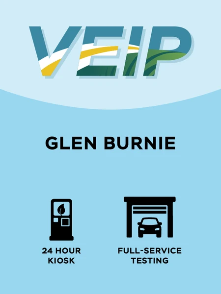 Baby Blue and light baby blue graphic with the word 'VEIP' at the top and the words 'Glen Burnie' in the middle and several black icons at the bottom which represent '24 hour kiosk', and 'full-service testing'.