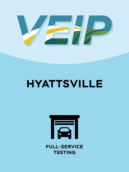 Baby Blue and light baby blue graphic with the word 'VEIP' at the top and the words 'Hyattsville' in the middle and one black icon at the bottom which represents 'full-service testing'.