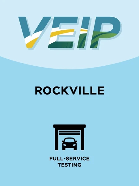 Baby Blue and light baby blue graphic with the word 'VEIP' at the top and the word 'Rockville' in the middle and one black icon at the bottom which represents 'full-service testing'.