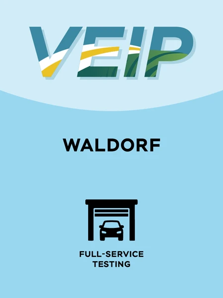Baby Blue and light baby blue graphic with the word 'VEIP' at the top and the words 'Waldorf' in the middle and one black icon at the bottom which represents 'full-service testing'.