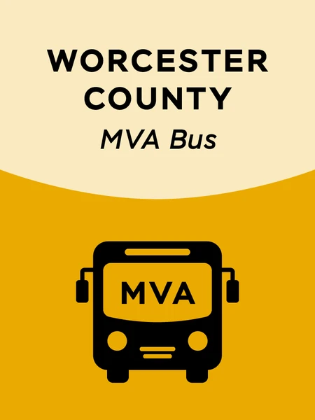 Gold and tan graphic with 'Worcester County MVA Bus' words at the top of it and a black bus icon at the bottom with the letters 'MVA" in the window pane.