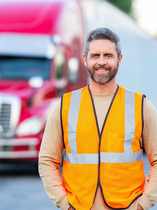 A guy smiling with a 18-wheeler in the background