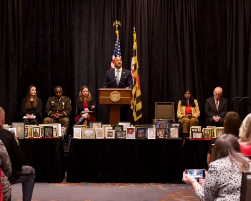 Governor Moore speaks to guests at the MDOT Day of Remembrance Ceremony.