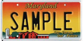 Agricultural Maryland license plate. Plate is orange and red with a red barn and text that says Our Farms, Our Future.