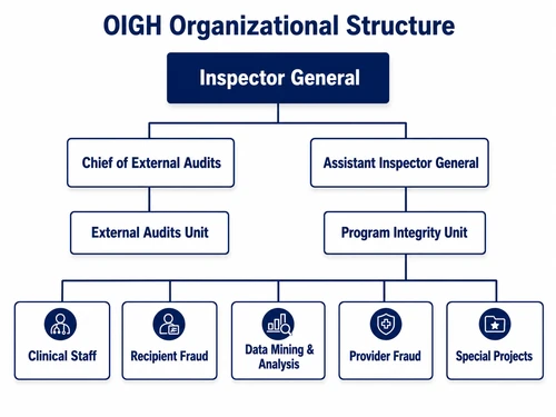 Organizational chart showing the Inspector General overseeing the Chief of External Audits and Assistant Inspector General. The Chief of External Audits leads the External Audits Unit. The Assistant Inspector General leads the Program Integrity Unit, including Clinical Staff, Recipient Fraud, Data Mining and Analysis, Provider Fraud, and Special Projects.