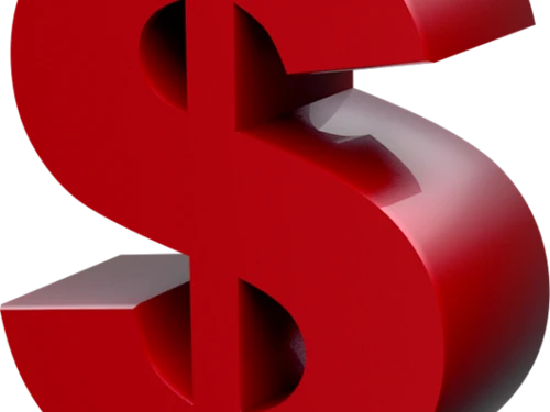 a red 3-d dollar sign, at an angle