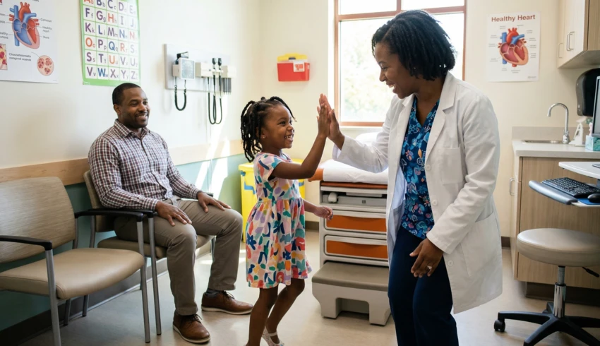 a doctor gives a young patient a high five in an exam room, while the father sits in a chair smiling