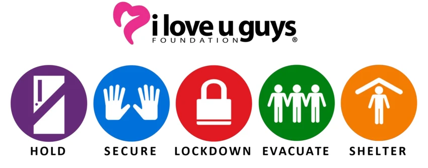 I love you guys logo on top of the the 5 protocols; hold, secure, lockdown, evacuate, shelter