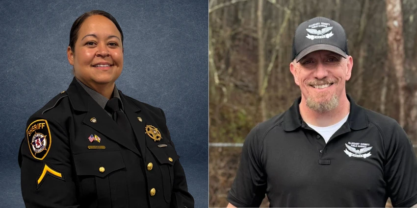 Side-by-side photos: Dfc. Lilian Lone of the Talbot County Sheriff's Office in dress uniform (left) and Reese Llewellyn of Allegany County Public Schools in a police polo and cap (right)