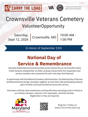 information about national day of service event at Crownsville Veterans Cemetery hosted by carry the load
