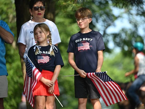Two kids holding American flags during a 4th of July parade