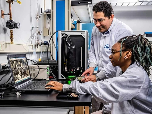 Two scientists working in front of a computer